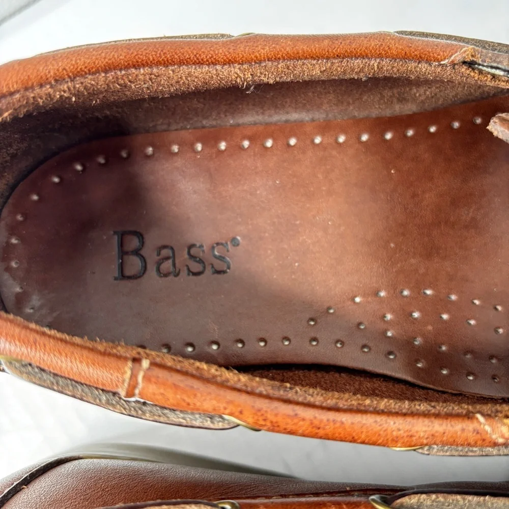 Bass Mens Seafarer Boat Shoe Size 9.5 Moc-Toe Brown Leather Rawhide Lace Preppy